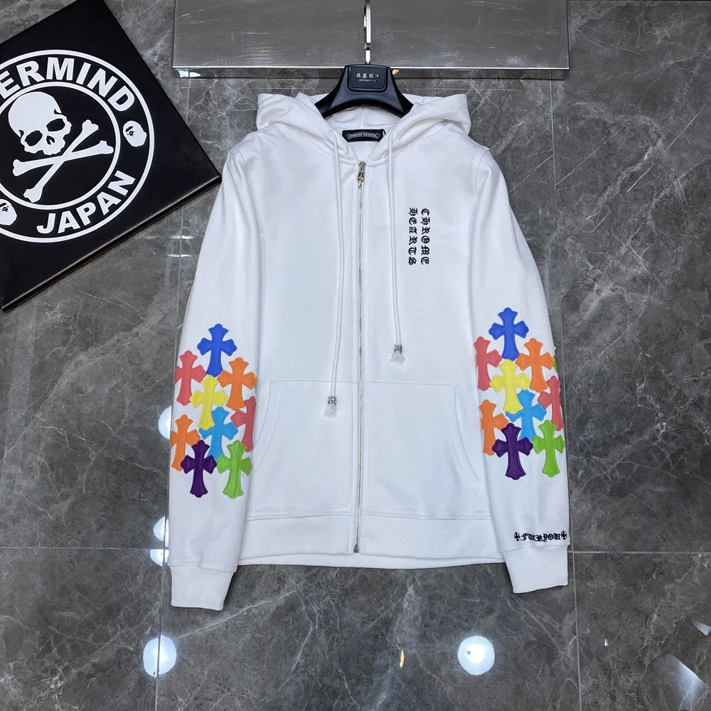 P296 Chrome Hearts🍁Classic Series🍁 Heavy-duty double-arm embroidered cross color patchwork zipper sweatshirt, double sleeves 40 pieces imported color patchwork leather➕Tajima machine embroidery technology, the highest version! The highest version! Improved customized version of 1:1 high-gram weight high-quality fabric 🌈Recommended colors: white black 🌈 Size: S, M, L, XL.